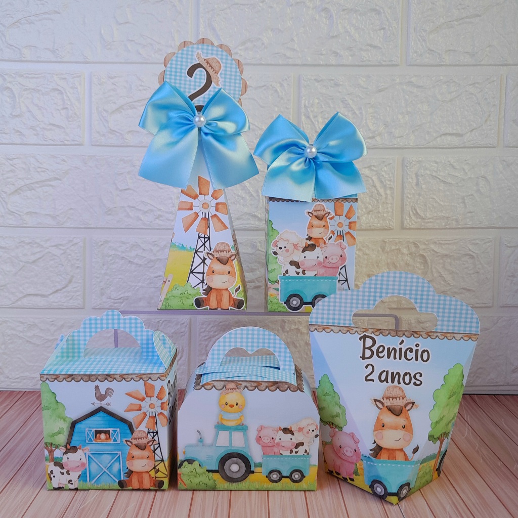 Kit Festa Personalizados Fazendinha Azul Menino Aquarela  - Caixinhas para Lembrancinhas Aniversario (PEGUE E MONTE)
