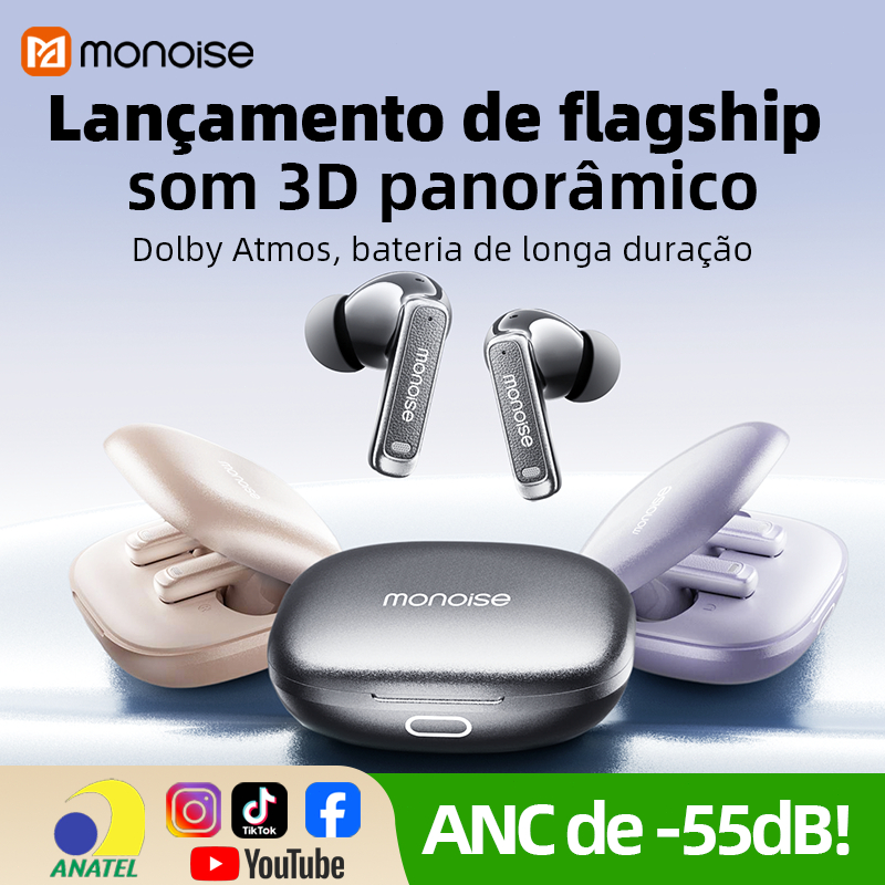 Monoise Fone de Ouvido Bluetooth ANC ENC até -62 dB, Sem Fio V6.0 TWS, com controle remoto 4 microfones chamadas HD IPX6