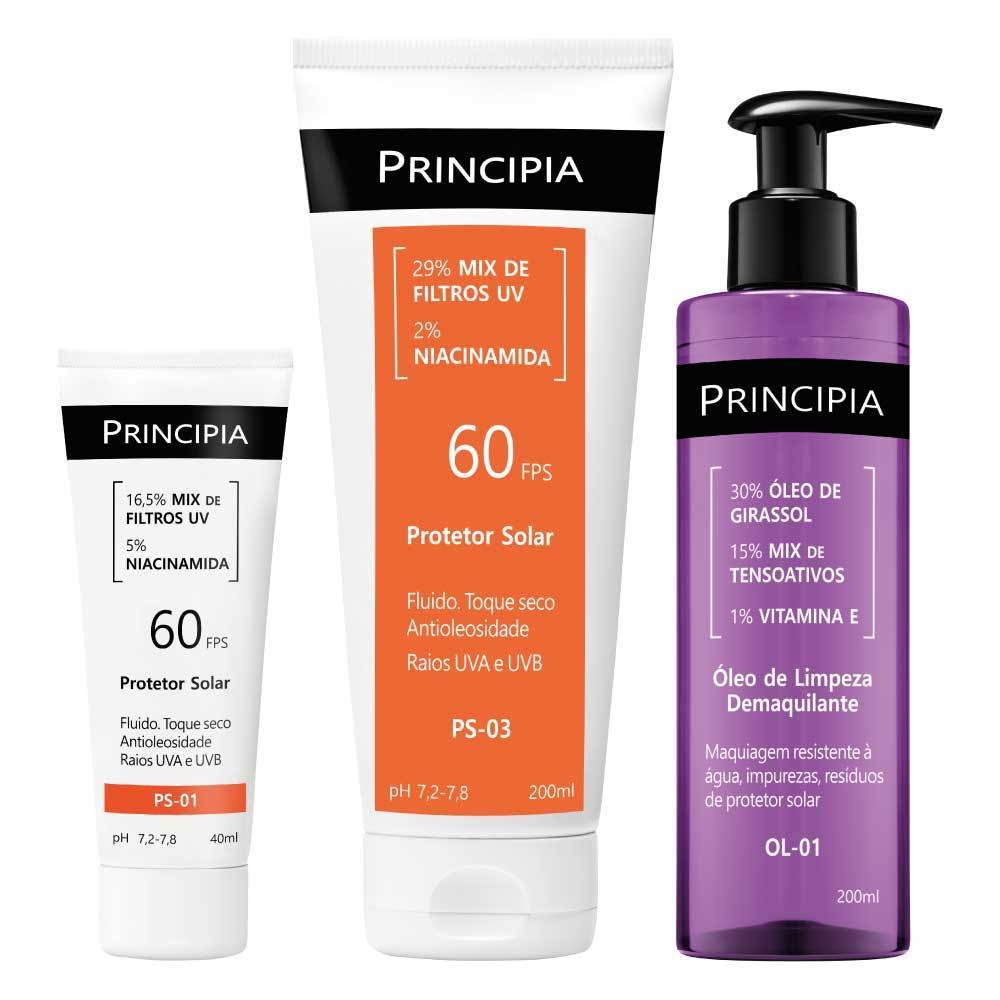 Principia Kit Limpeza e Proteção c/ Óleo de Limpeza OL-01 + Protetor Solar Facial PS-01 + Protetor Solar Corporal PS-03