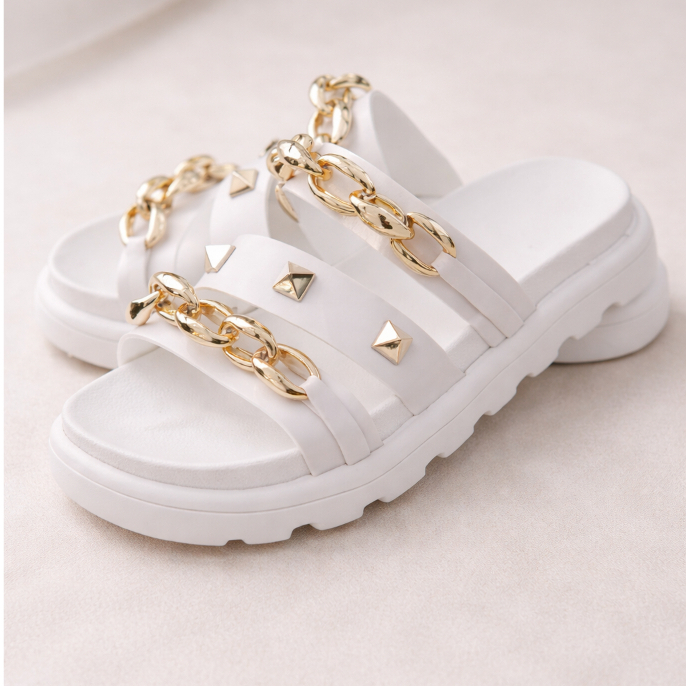 Birken Papete Sandália Conforto Feminina Luxo Corrente Spike Dourada