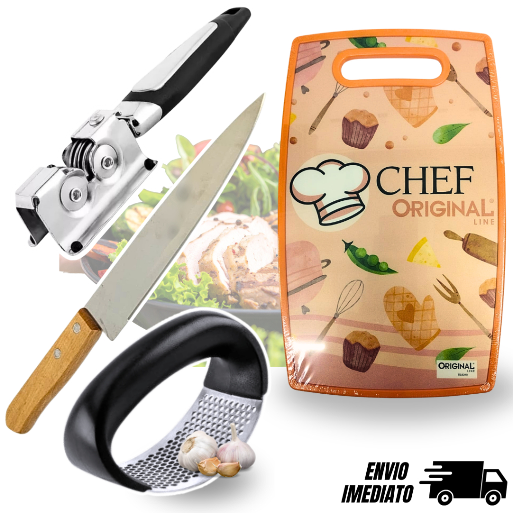 Tábua Faca Amolador Amassador de Alho INOX Cozinha Comida Utilidade Kit Churrasco