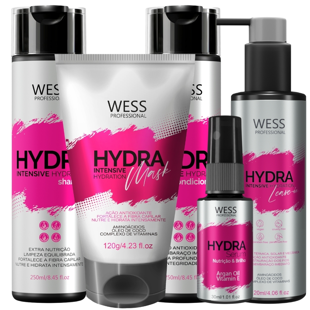 Wess Kit Hydra Shampoo, Máscara, Condicionador, Leave-in e Sérum em Oferta na Shopee