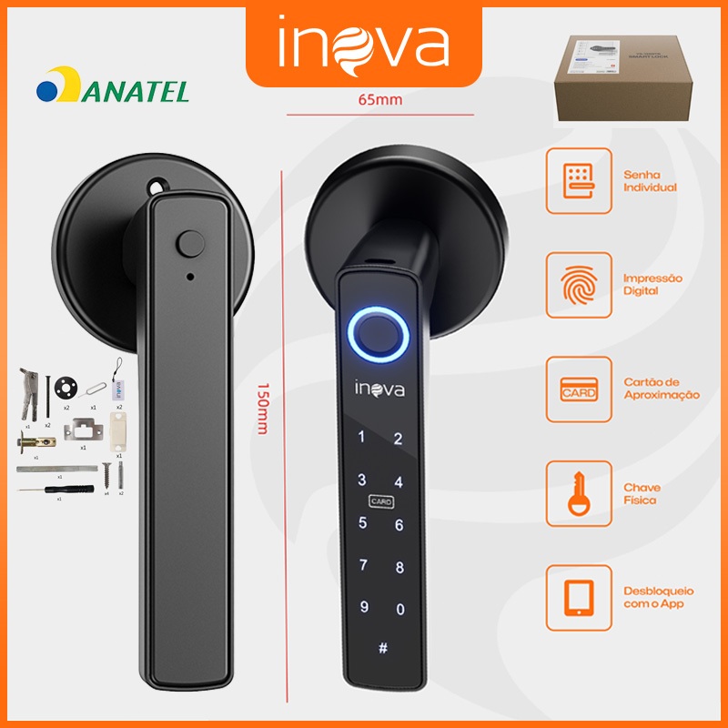 INOVA Fechadura Digital Biométrica Preta Eletrônica Segurança Entrada Sem Chave para Portas