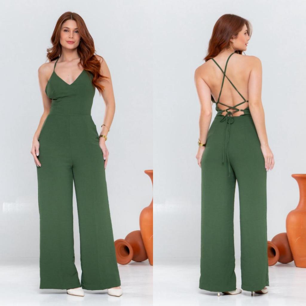 Macacão pantalona Longo Feminino elegante com Bojo Forrado Alça Regulável Costas Amarração