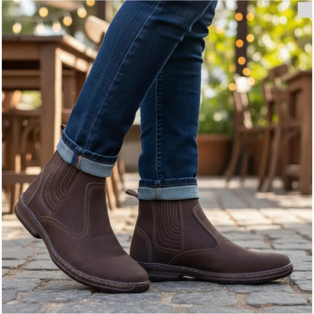 Botina Casual Country Social Cor Marrom Café Bota Solado Borracha Costurado Botinha Leve Macia 2520