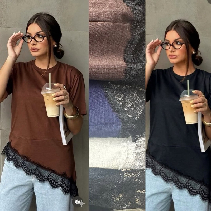Blusa feminina Max tee Assimétrico Blusa com Renda