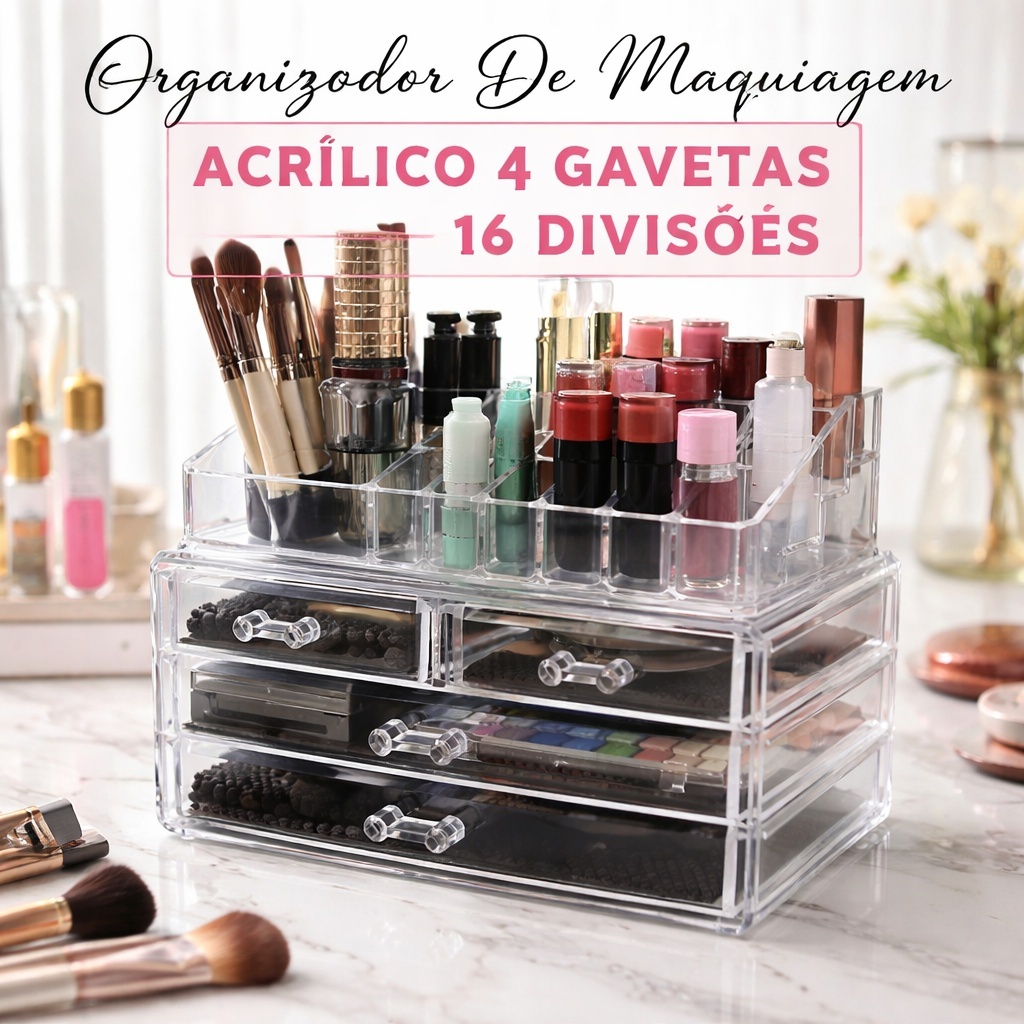 Organizador de Maquiagem Acrílico 4 Gavetas 16 Divisões Porta Cosméticos Make Perfume