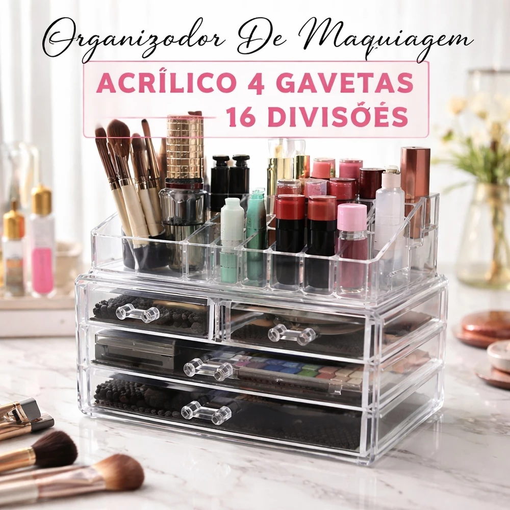 Organizador de Maquiagem Acrílico 4 Gavetas 16 Divisões Porta Cosméticos Make Perfume