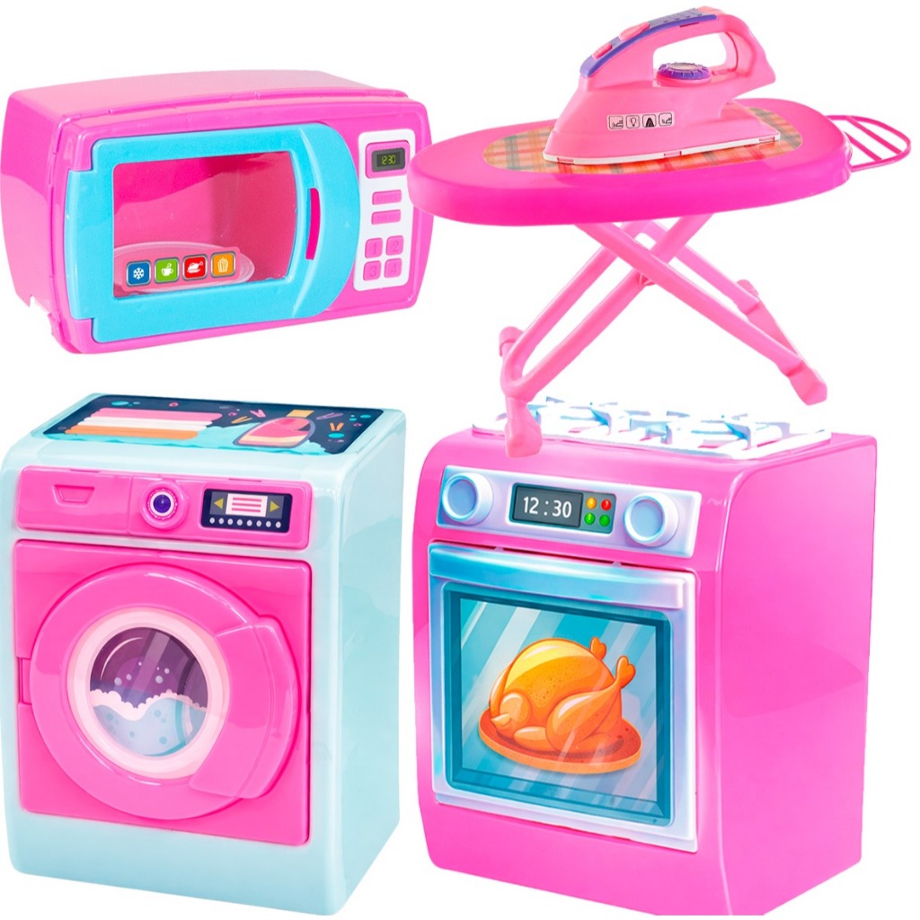 Kit Casinha Infantil Completo 4 Peças Microondas Máquina Lavar Roupa Fogão Tábua e Ferro Educativo