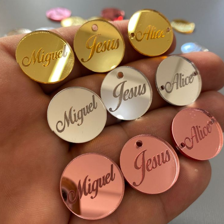 Tag Personalizada com nome ou logo / logomarca em acrílico espelhado Redonda com 2cm Etiqueta / Plaquinha