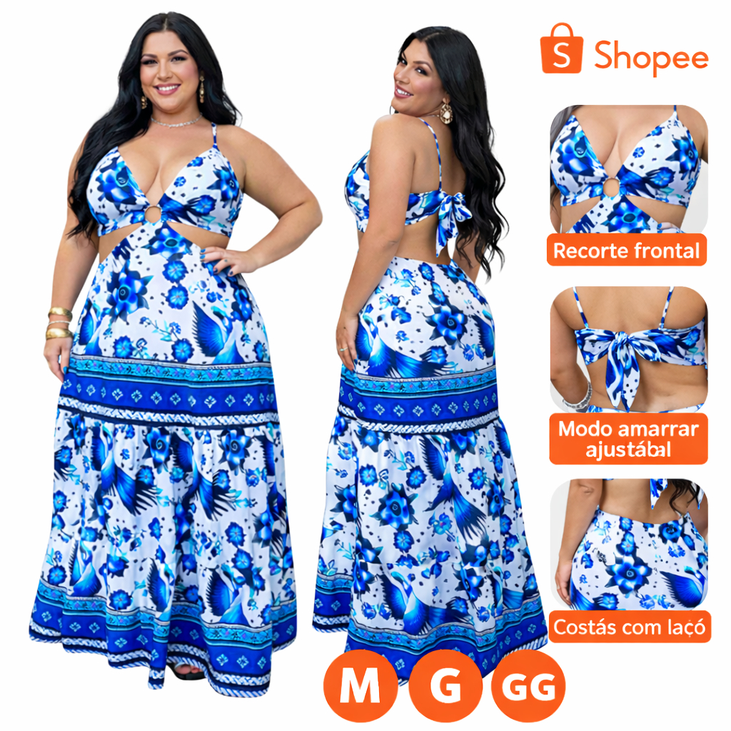 Vestido longo feminino estilo tropical, perfeito para quem ama um look leve, elegante e com cara de verão!