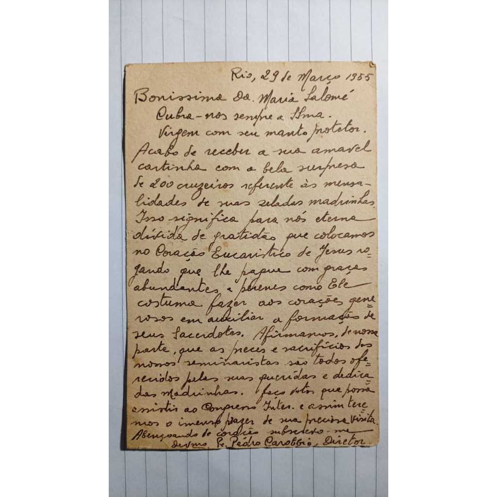 Cartão N. Senhora do SS. Sacramento – Pe. Pedro Carobbo, Diretor de Seminário (RJ, 1955)