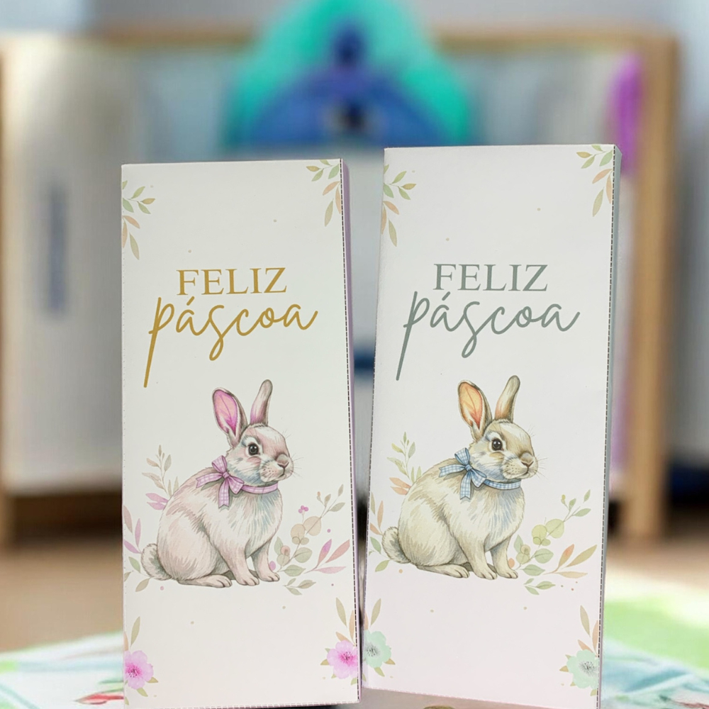 Capa para barra de chocolate Lacta 90g Feliz Páscoa Coelho capa para barra de chocolate Lacta 90g (desmontada)