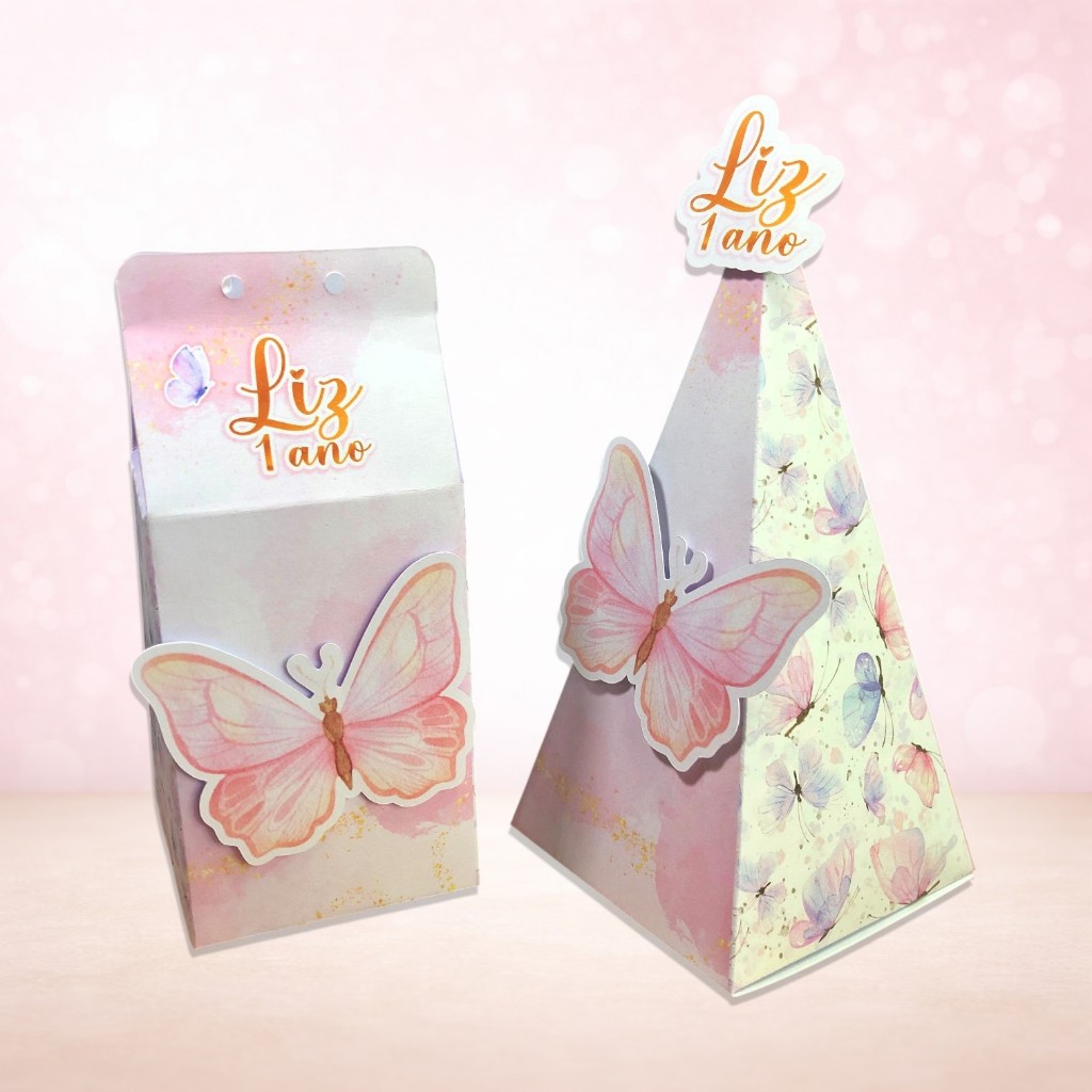 Kit Festa Personalizados 3D Caixas Milk e Cone Borboletas Aquarela Aniversário infantil Lembrancinhas Fácil Montagem