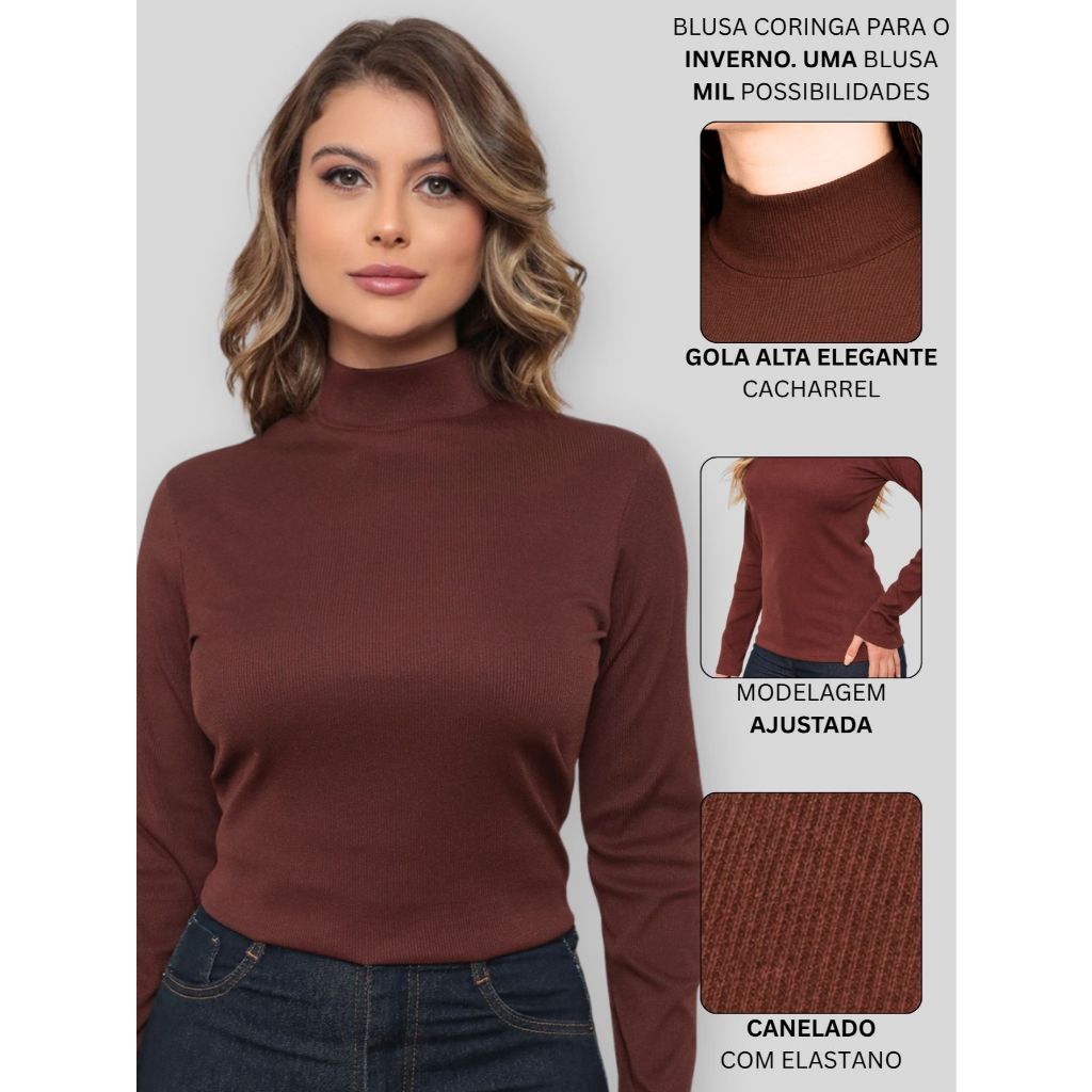 Blusa Gola Alta Feminina Cacharrel Manga Longa Canelada Blusa de Frio Inverno