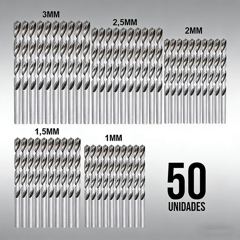 Jogo Kit 50 Brocas Aço Rapido 1mm 1,5mm 2mm 2,5mm 3mm (50pç)