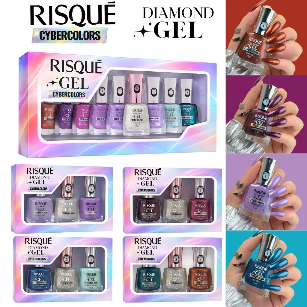 Kit Box Esmaltes Risqué Diamond Gel Cybercolors Efeito Metalizado Top Coat  Lançamento Risqué