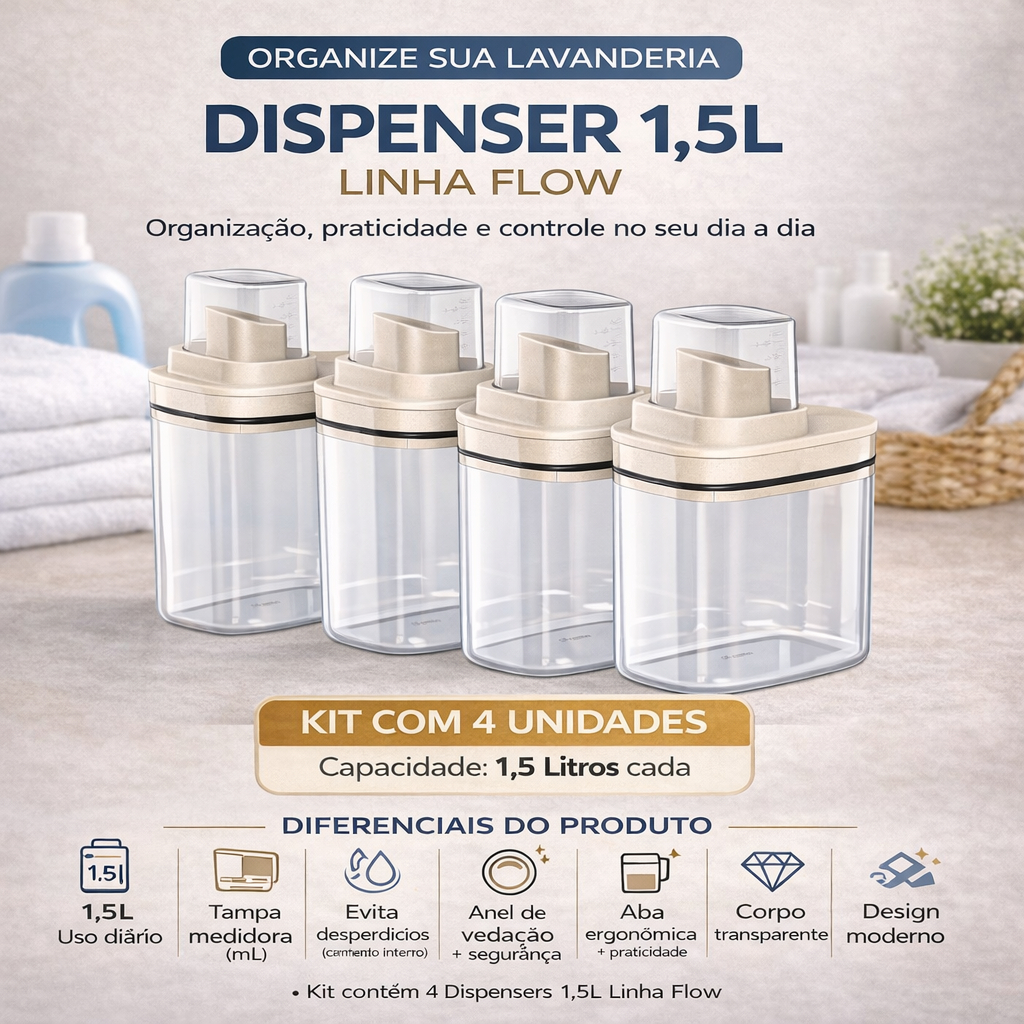 Kit 4un Dispenser Flow 1,5 Litros Porta Sabão Líquido Amaciante Alvejante Organizador de Lavanderia