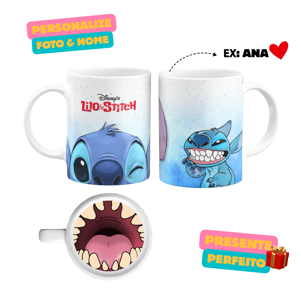 Caneca Personalizada Stitch Angel Bocão em Cerâmica Branca com Foto, Nome ou Presente Criativo