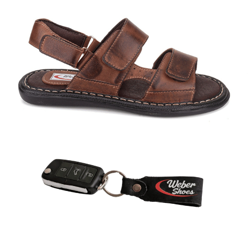 Sandália Masculina de Couro Original Super Conforto Antiderrapante com Velcro Ajustável + Chaveiro de Brinde