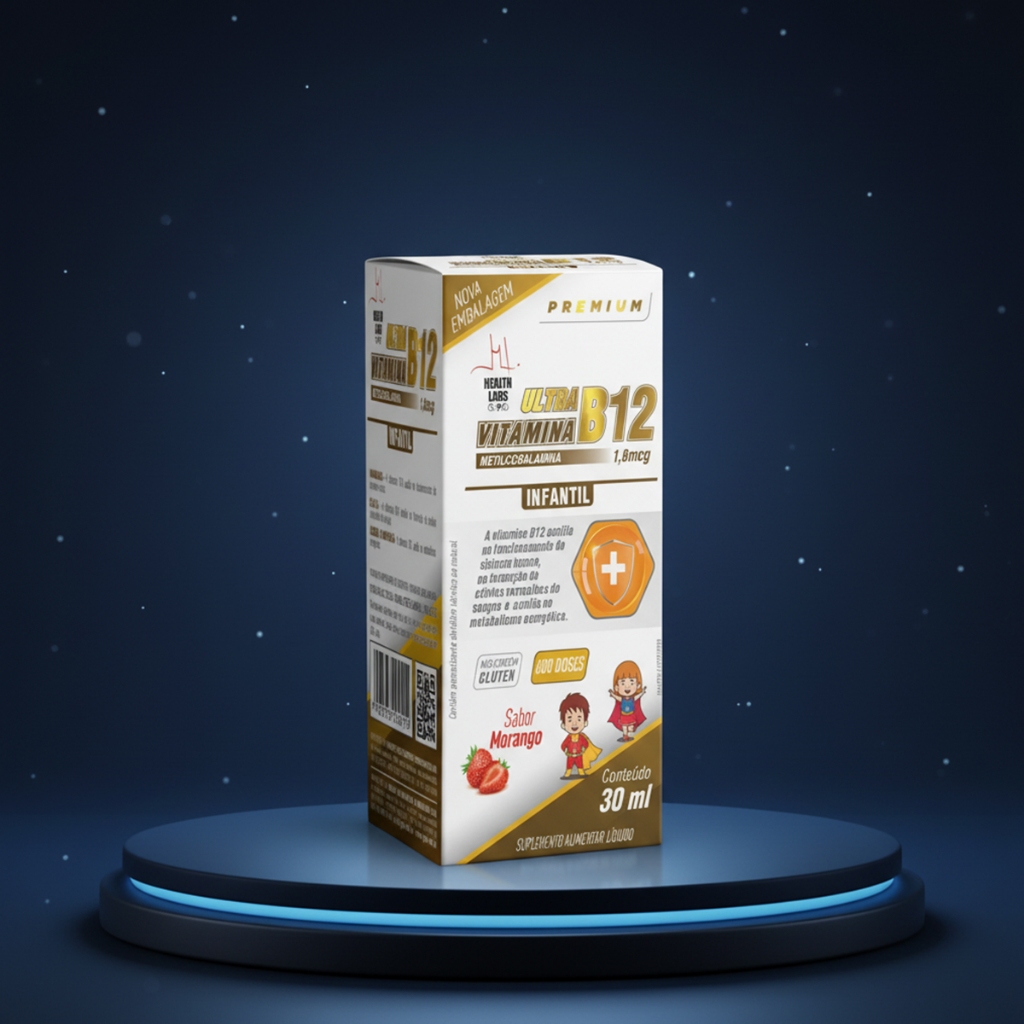 Vitamina B12 Infantil Líquida Sabor Morango 30ml Metilcobalamina Suplemento Infantil