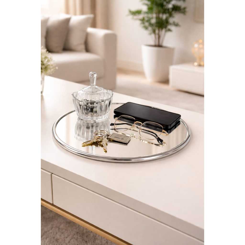 Bandeja Redonda Espelhada Dourado/Preta Decoração Mesa Sala 30cm