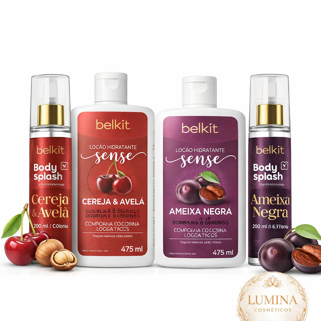 COMBO BELKIT Loção Hidratante + Body Splash - Ameixa Negra ou Cereja e Avelã Perfume Desodorante