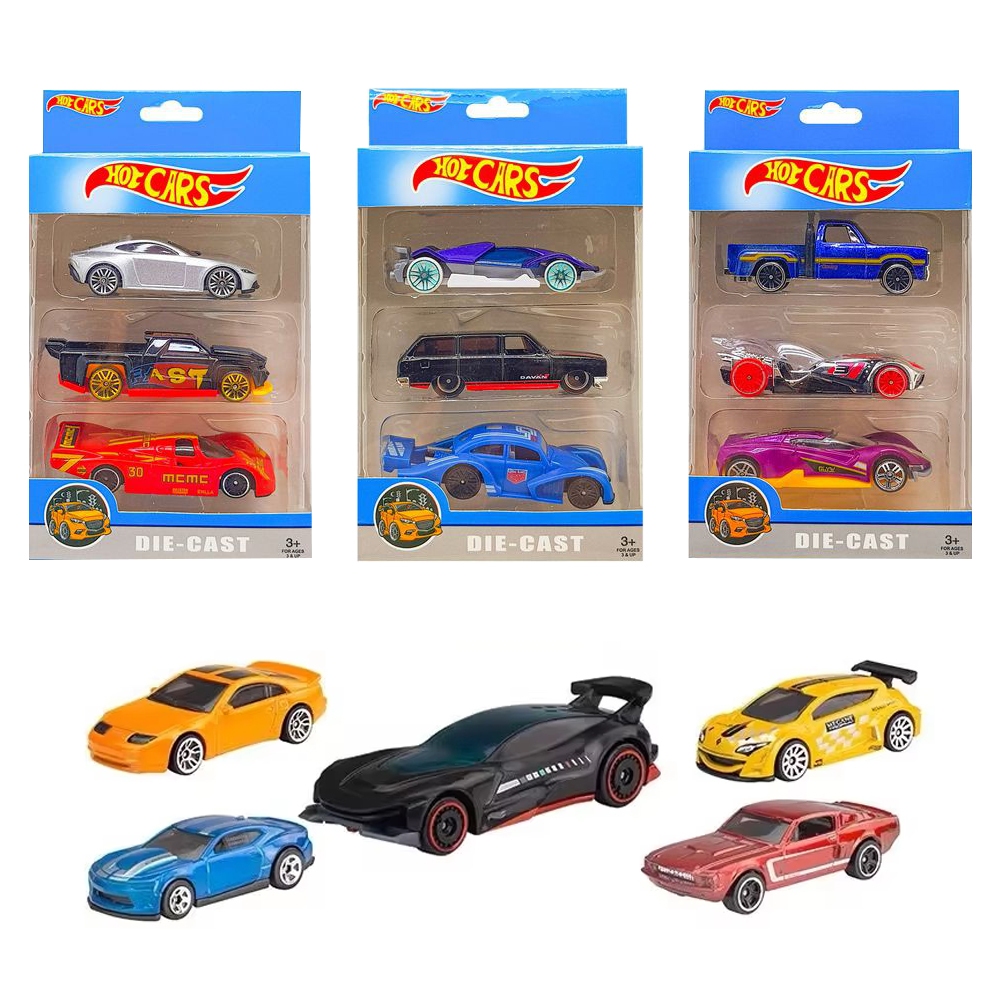 Kit 3 Carrinhos de Ferro Metal Sortidos, Miniatura de Corrida Sem Repetição, Brinquedo Coleção Presente Menino
