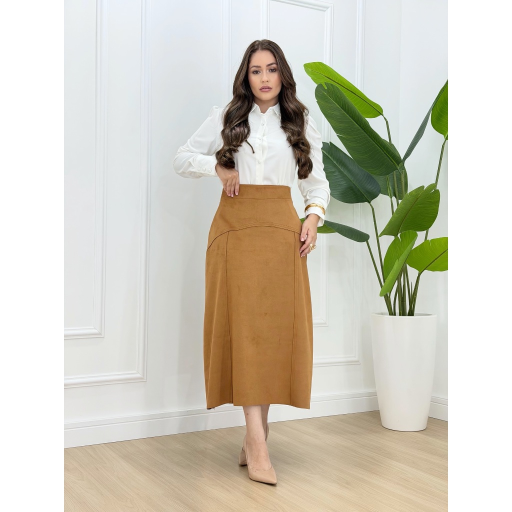 Saia Elegante Midi Suede Feminina Cintura Alta em Suede Camurça Sintética Moda Outono/Inverno