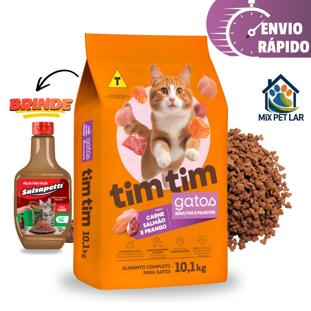RAÇÃO TIM TIM CAT ALIMENTO GATOS ADULTOS FILHOTES 10,1KG CARNE SALMÃO FRANGO + MOLHO CREMOSO SALSAPETTI 250G em Oferta na Shopee