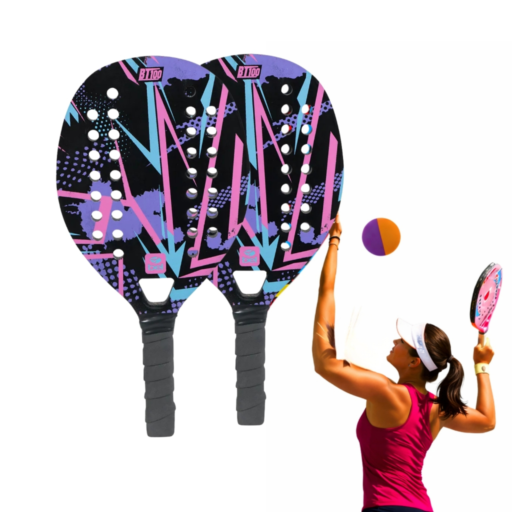 Kit Beach Tennis Bel BT100 2 Raquetes Madeira Naval com Bolinha Lilás