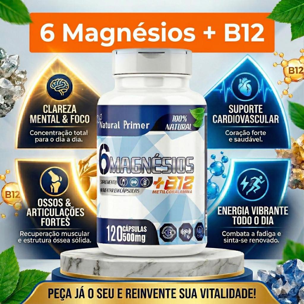 Suplemento 6 Magnésios + Vitamina B12 - 120 Cápsulas | Natural Primier (Energia, Músculos e Foco)