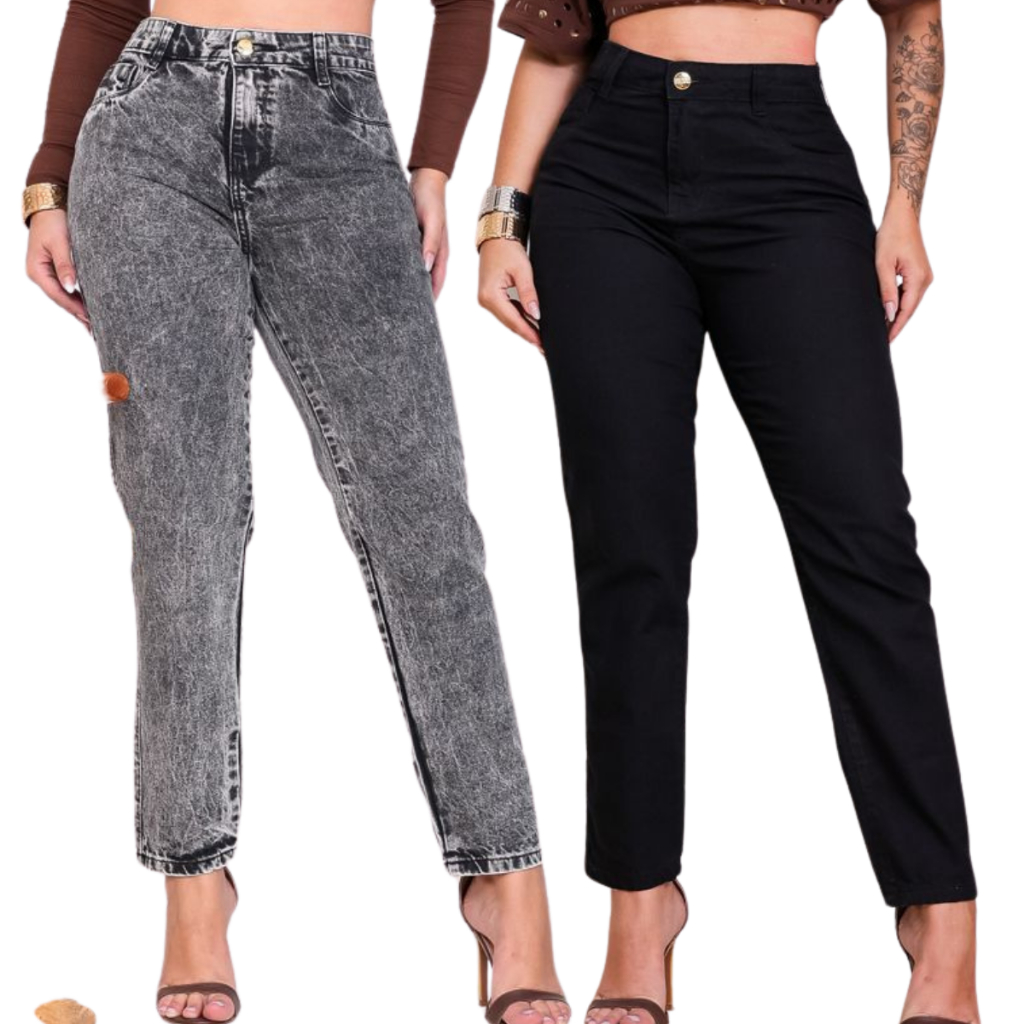 KIT CALÇA MOM PRETA GRAFIT+PRETA RETA JEANS 100% SEM LAYCRA COS ALTO AFUNILADA  ES