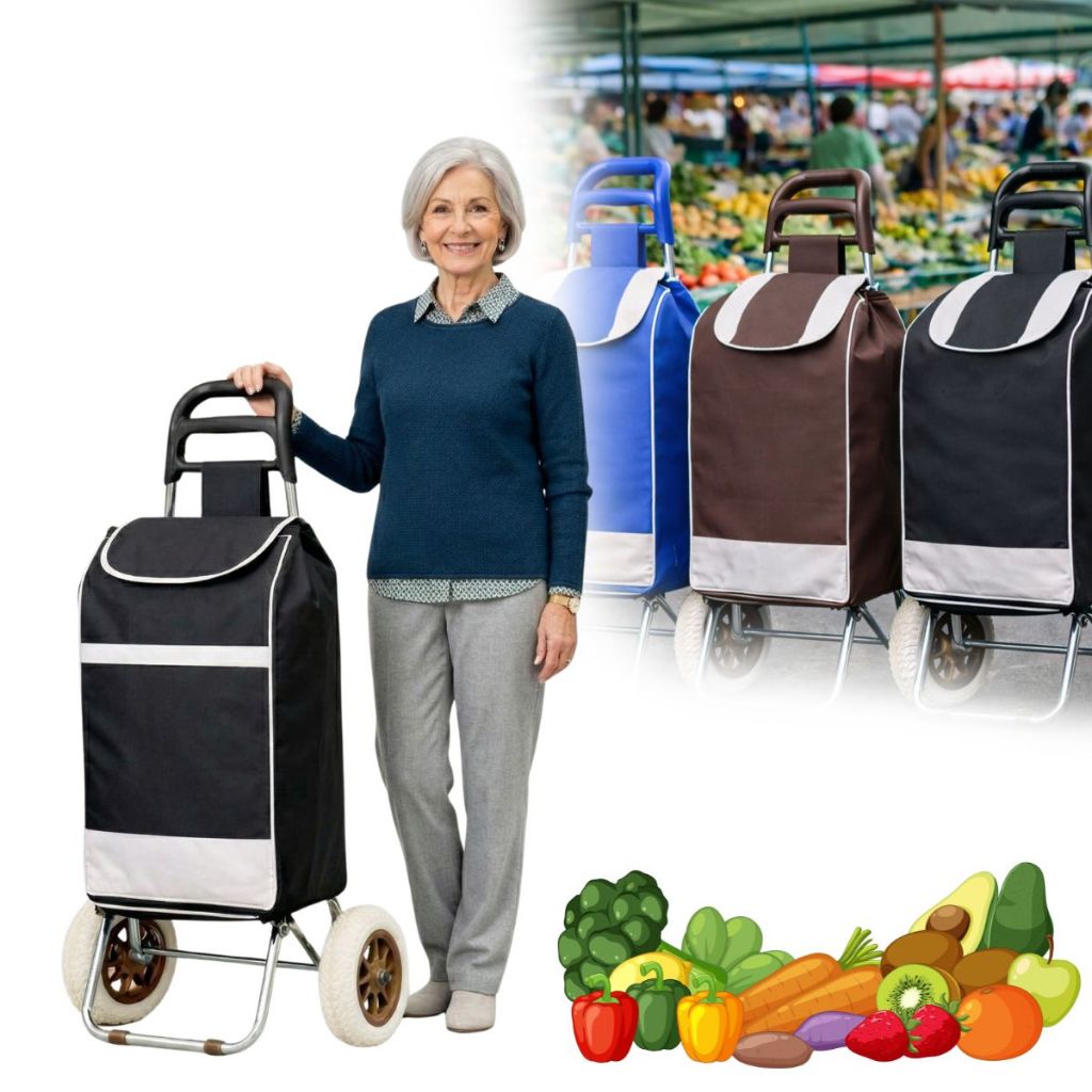 Carrinho de Compras Feira Dobrável Reforçado com Rodas Bolsa Grande Suporta 30kg