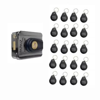 Kit Fechadura Elétrica Para Condominio 20 Chaveiros Tag RFID 12V 433Mhz AA-EML300 Ultra Card Papaiz