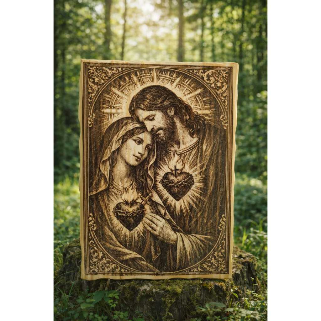 Quadro Religioso Sagrado Coração de Jesus e Maria em Madeira Pinus Arte Sacra Presente Católico Luxo Linha Luz