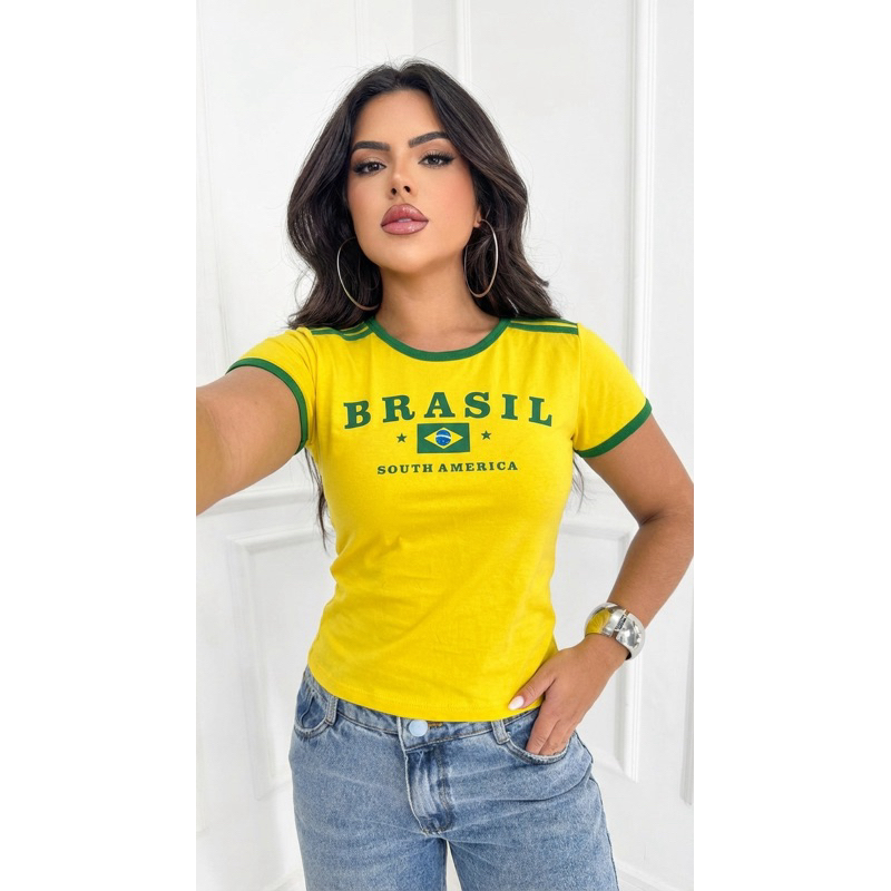 Camiseta baby look feminina Brasil copa do mundo blusa feminina com listras da copa