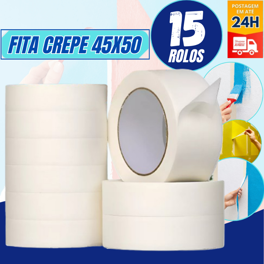 15 ROLOS DE FITA CREPE BRANCA 45MM X 50M - USO GERAL