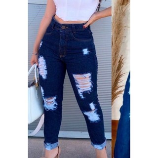 Calça Jeans Mom Feminina Cintura Alta Escura Algodão Premium Perna Reta Confortável Moda