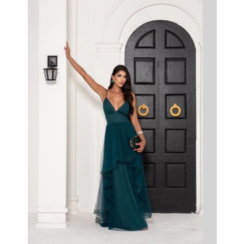 Vestido de Festa Verde Esmeralda Com Alça em Tule - Para Madrinhas, Convidadas e Formandas.