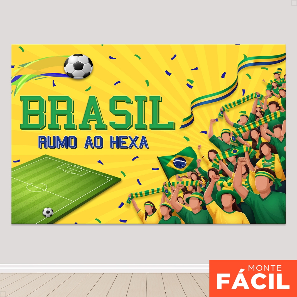 Painel Decoração Copa Brasil Hexa Retangular Horizontal Sublimado Em Tecido