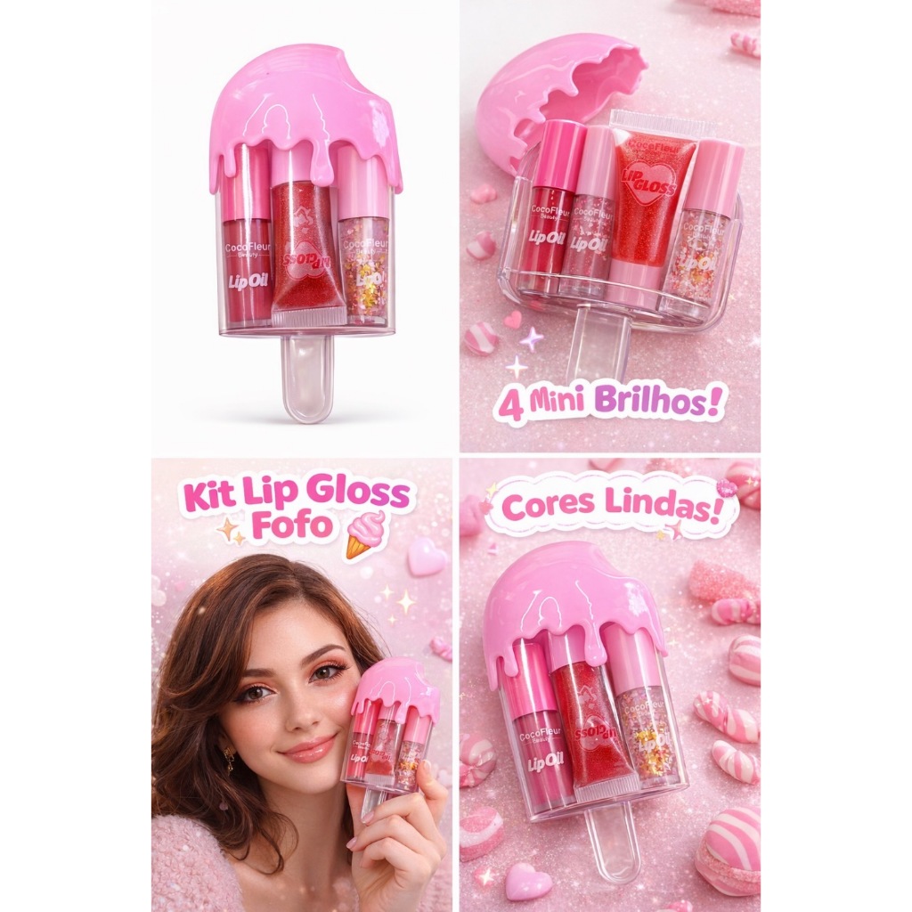 🍦 CocoFleur Kit Lip Gloss Fofo CocoFleur 4 em 1 💖 Mini Brilho Labial Hidratante Formato Sorvete Kawaii Cores Lindas