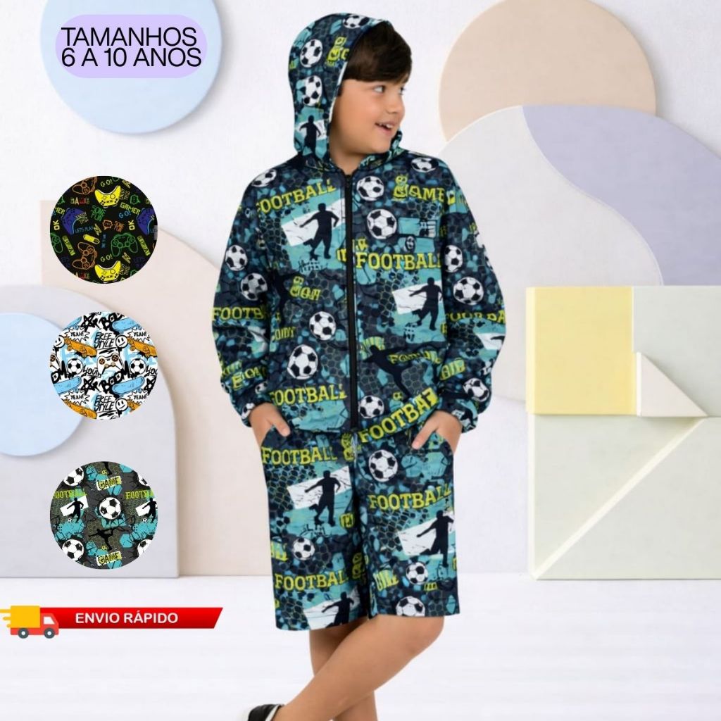 Conjunto Infantil Menino Corta Vento Frio Estiloso Com Capuz Jaqueta + Bermuda Meia Estação Inverno  Copa do Mundo