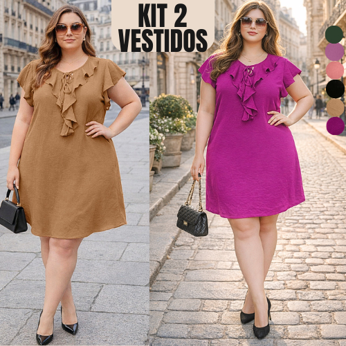 KIT 2 VESTIDO FEMININO PLUS SIZE ELEGANTE MODA ESTILOSA FEMININA VESTIDOS FEMININAS SOLTINHA RODADO CONFORTÁVEL BASICA