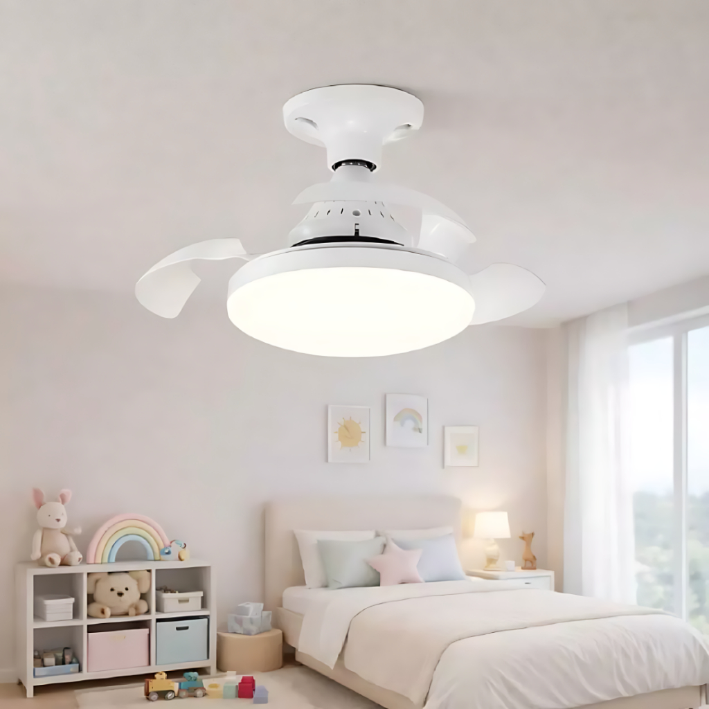 Ventilador de Teto Retrátil Lâmpada 3 Cores Silencioso 16W+12W 3 Pás Design Sofisticado Bivolt