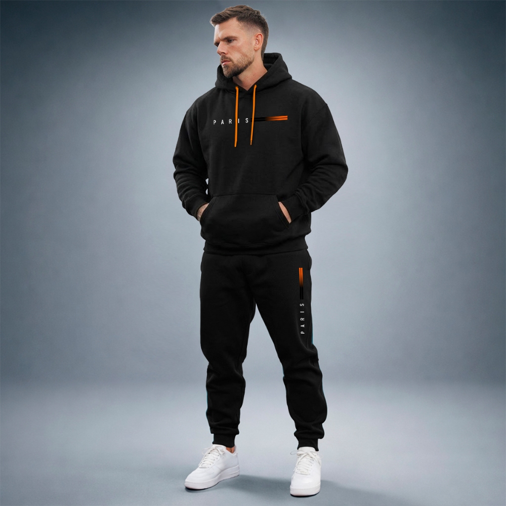 Conjunto Moletom Paris Calça Jogger Blusa Canguru Capuz Bolso Algodão Flanelado Quentinho Casual Kit
