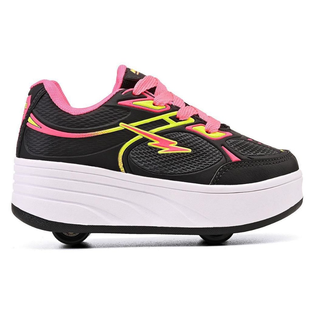 Tênis de Rodinha Infantil Menina Feminino 4 Rodas Removíveis 2 em 1 Com Tampa e Chave Preto Rosa