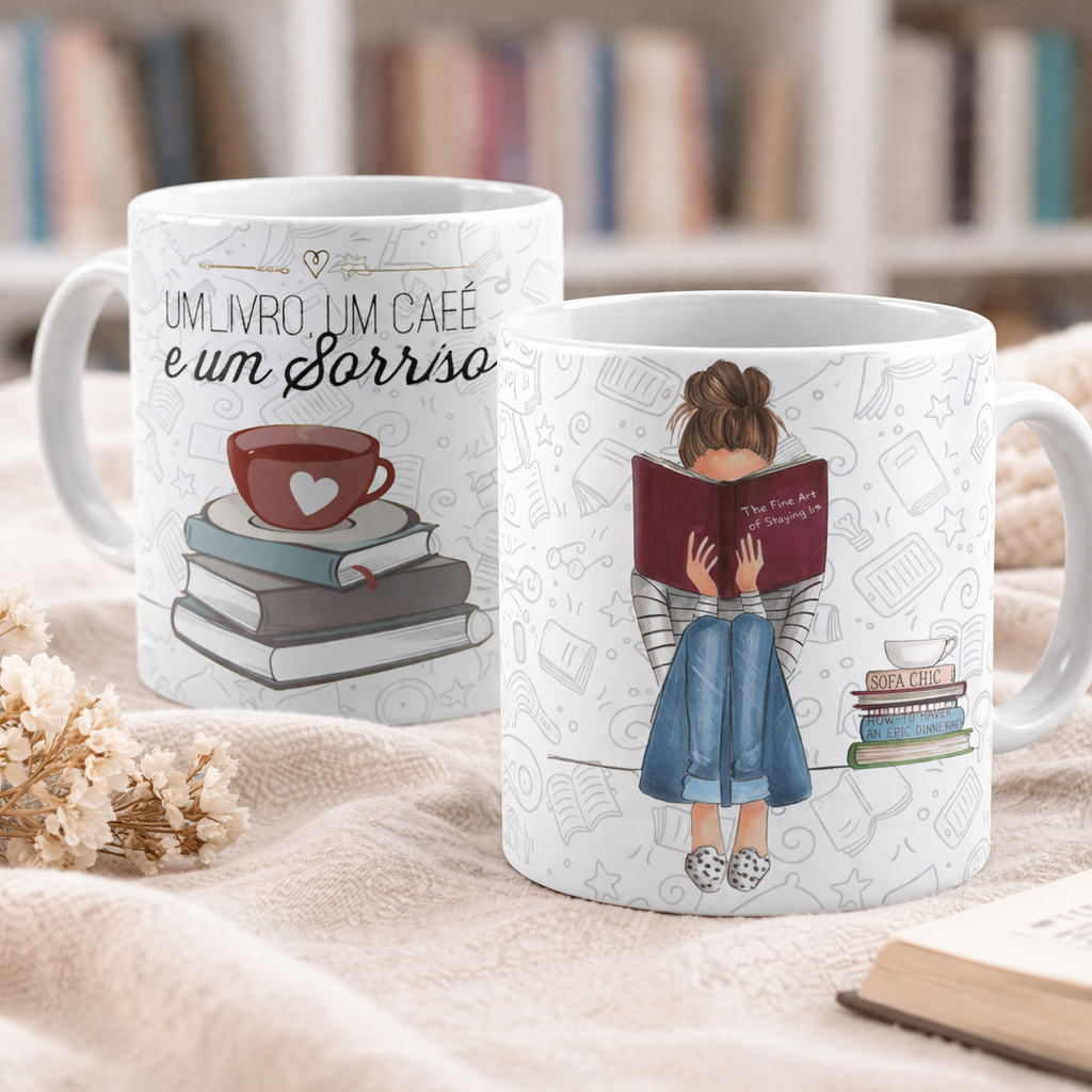Caneca Um Livro Um Café e um Sorriso – Presente para Leitores | 325ml em Oferta na Shopee