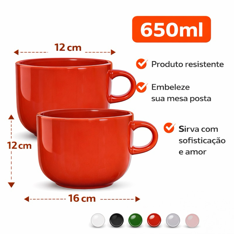 Kit 2 Caneca Xicara Jumbo Colorida Cerâmica 650ml - Caneca Grande Sopa Caldos Café Capuccino
