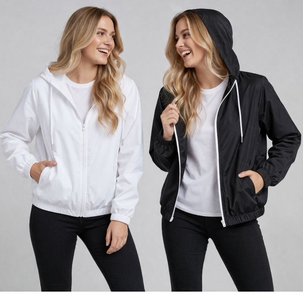 Jaqueta Corta Vento 100% Forrado Feminino Liso Repele Agua Com Capuz Sem Elástico Cintura